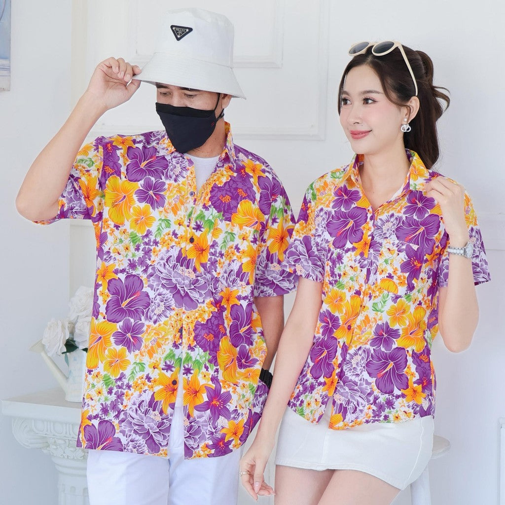 Pink019เสื้อเชิ้ตลายดอก ผ้าคอตตอน100% สีไม่ตก ผ้าไม่หดทลายคมชัด มีไซส์หญิงชาย34-56นิ้ว งานป้ายKTIER**1ตัว