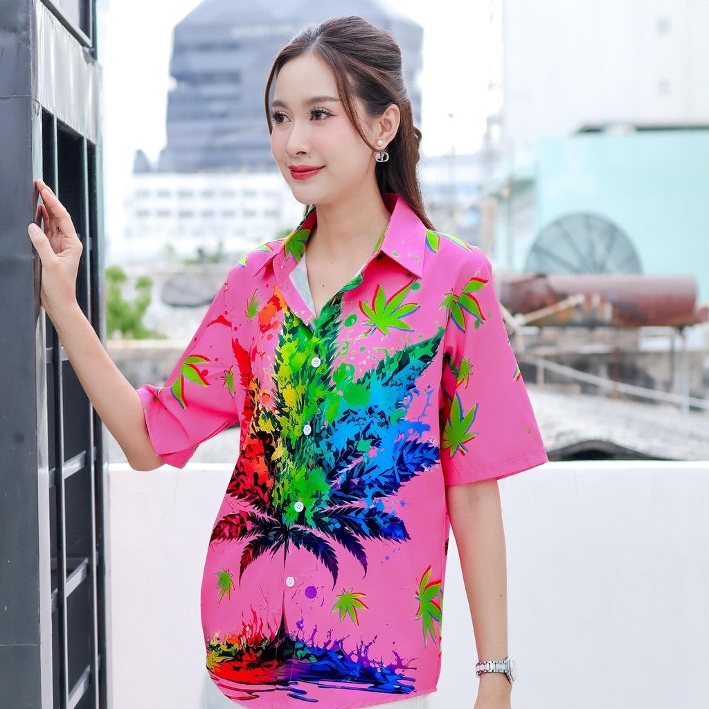 P3134เสื้อฮาวายลายใหม่2025 ทรงวัยรุ่น หญิงชายใส่ได้ ผ้าโพลีพรีเมี่ยม ไซส์38-56นิ้ว งานปัาย ลายคมชัด **1ตัว**