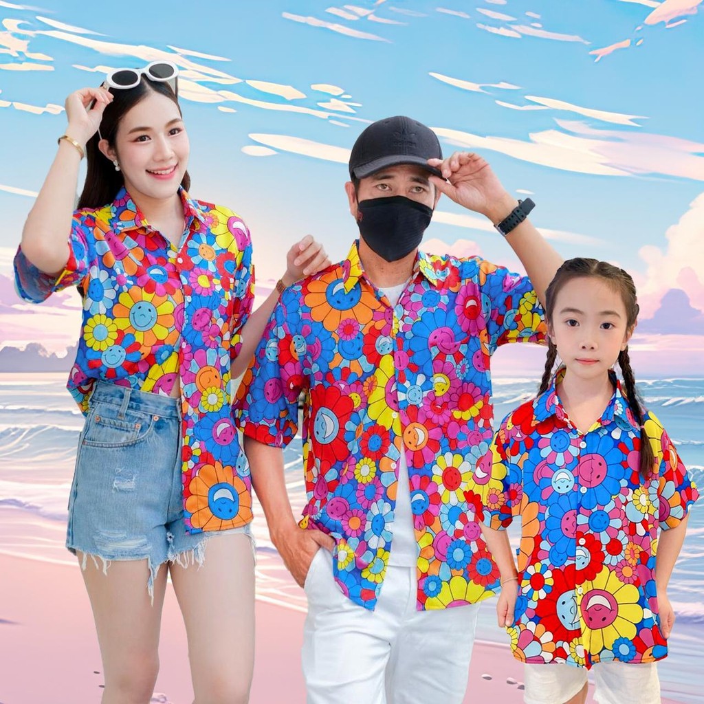 P3136 เสื้อฮาวายลายใหม่2025 ลายยิ้ม ทรงวัยรุ่น หญิงชายใส่ได้ ผ้าโพลีพรีเมี่ยม ไซส์เด็ก-ผู้ใหญ่ งานปัาย ลายคมชัด 1ตัว*