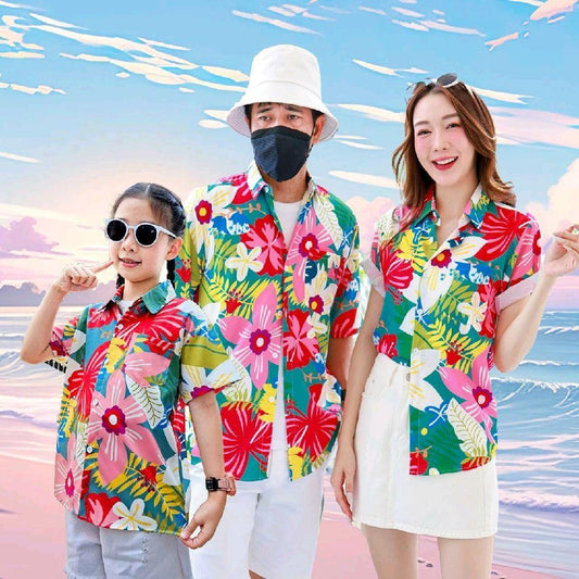 PINK03เสื้อฮาวายลายดอก ไซส์เด็ก-ผู้ใหญ่8XL ครบทีม ผ้าโพลีพลีเมี่ยม ทรงวัยรุ่น หญิงชายใส่ได้ ลายคมชัด **1ตัว**