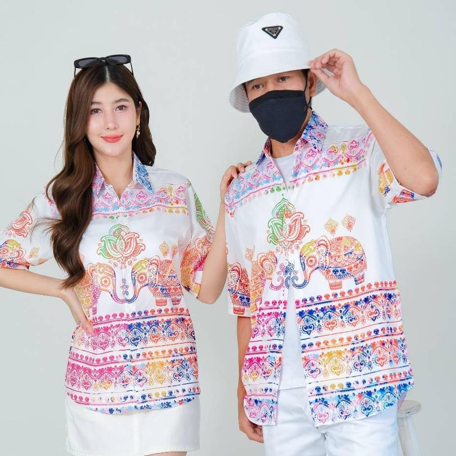 HD025 เสื้อฮาวายลายช้างพาสเทล ทรงวัยรุ่น หญิงชายใส่ได้ ผ้าโพลีพรีเมี่ยม ไซส์เด็ก-ผู้ใหญ่ งานปัาย ลายคมชัด **1ตัว**