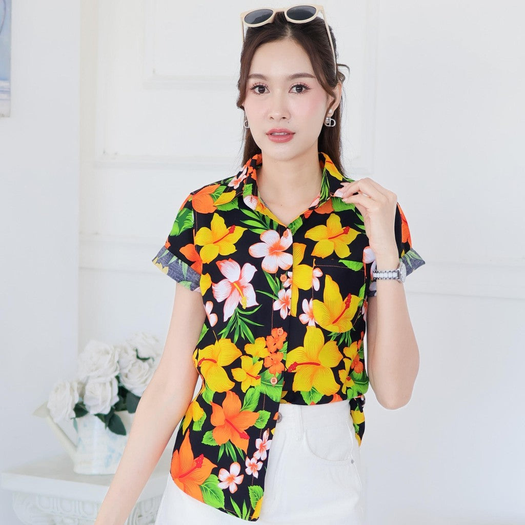 Pink022เสื้อเชิ้ตลายดอก ผ้าคอตตอน100% สีไม่ตก ผ้าไม่หดทลายคมชัด มีไซส์หญิงชาย34-56นิ้ว งานป้ายKTIER**1ตัว