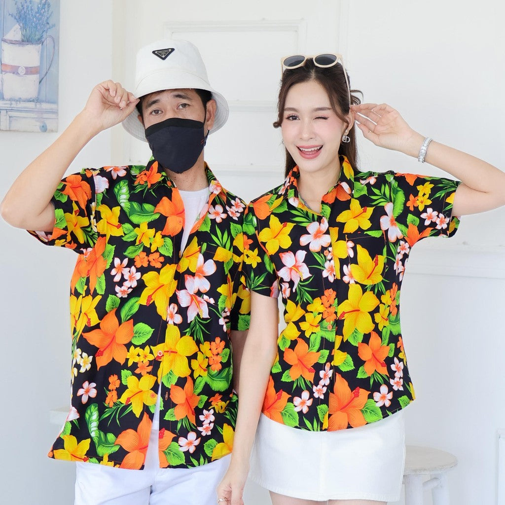 Pink022เสื้อเชิ้ตลายดอก ผ้าคอตตอน100% สีไม่ตก ผ้าไม่หดทลายคมชัด มีไซส์หญิงชาย34-56นิ้ว งานป้ายKTIER**1ตัว