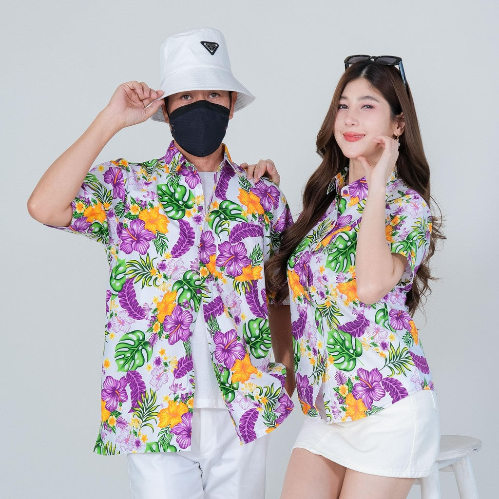 PINK028เสื้อเชิ้ตลายดอก ผ้าคอตตอน100% สีไม่ตก ผ้าไม่หดทลายคมชัด มีไซส์หญิงชาย34-56นิ้ว งานป้ายKTIER**1ตัว