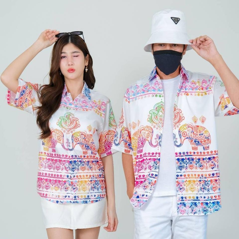 HD025 เสื้อฮาวายลายช้างพาสเทล ทรงวัยรุ่น หญิงชายใส่ได้ ผ้าโพลีพรีเมี่ยม ไซส์เด็ก-ผู้ใหญ่ งานปัาย ลายคมชัด **1ตัว**
