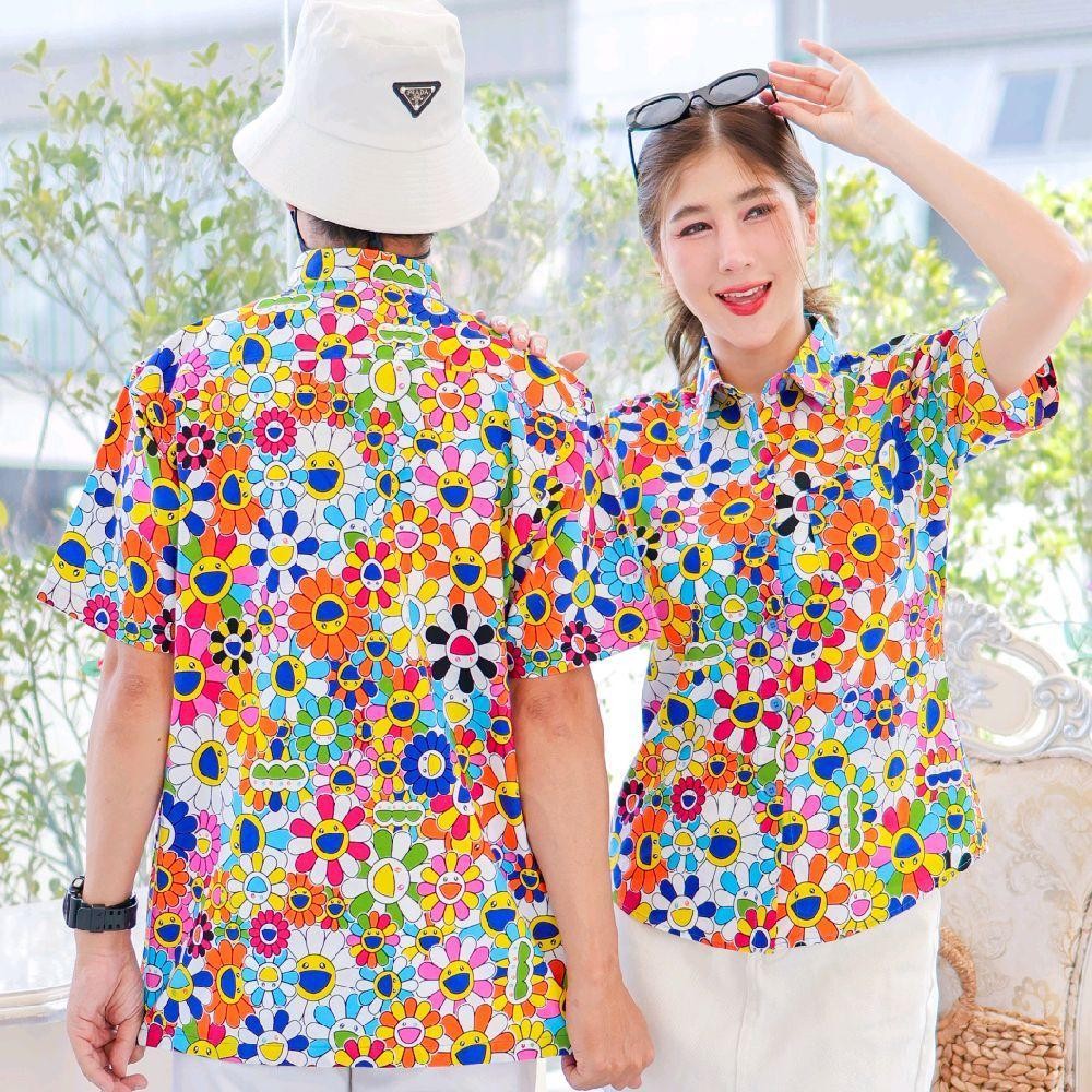 PINK034เสื้อเชิ้ตลายยิ้ม ผ้าคอตตอน100% สีไม่ตก ผ้าไม่หด ลายคมชัด มีไซส์หญิงชาย งานป้ายKTIERออกแบบเอง*1ตัว*