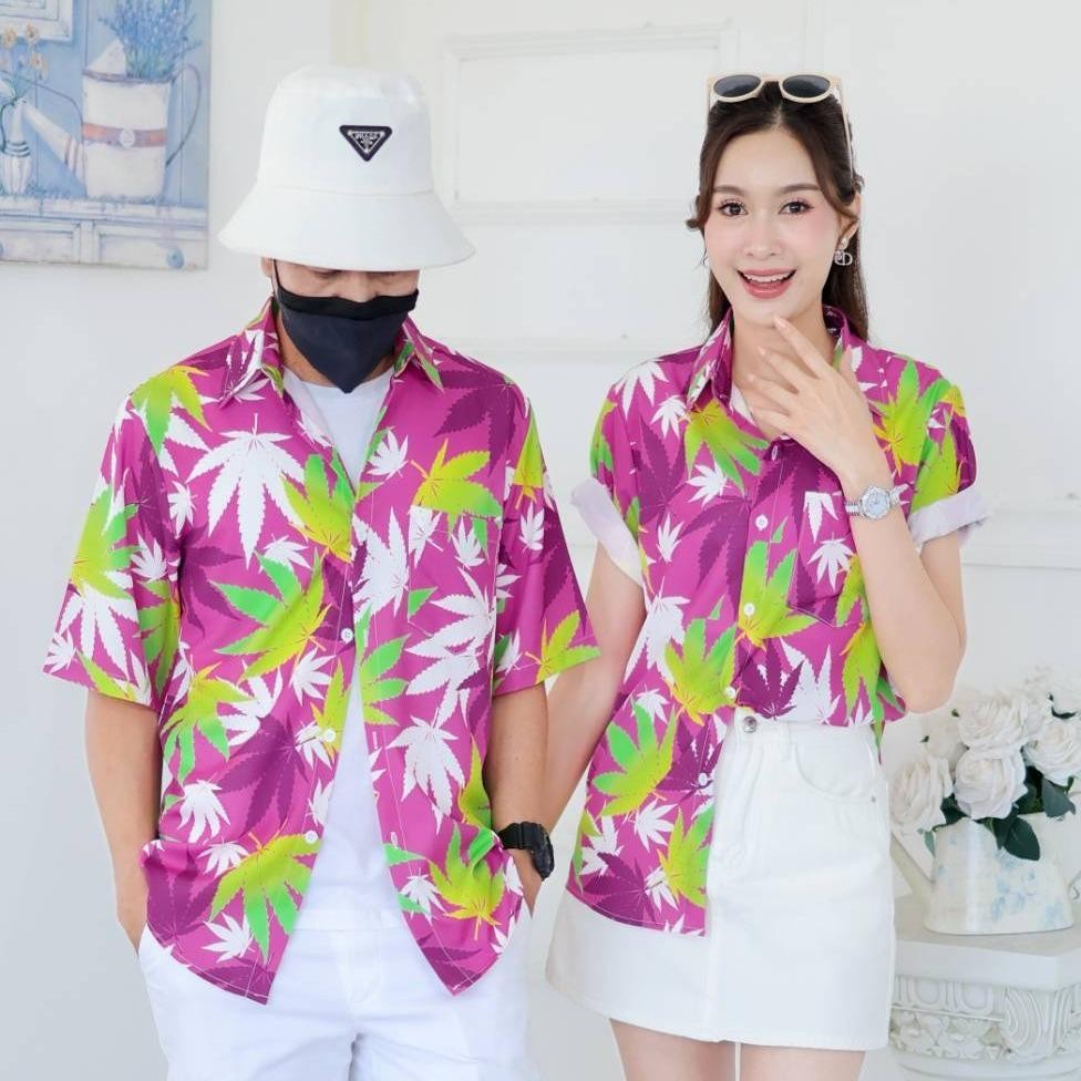 PINK06เสื้อฮาวายลายใบ ไซส์S-8XL ครบทีม ผ้าโพลีพลีเมี่ยม ทรงวัยรุ่น หญิงชายใส่ได้ ลายคมชัด **1ตัว**