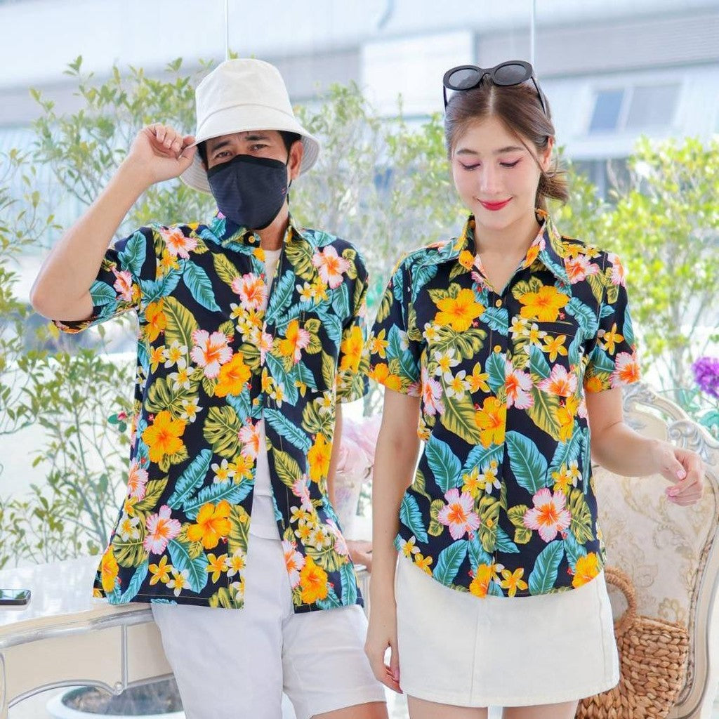KING09 เสื้อเชิ้อสงกรานต์ลายดอก ผ้าคอตตอน100% สีไม่ตก ผ้าไม่หด ลายคมชัด มีไซส์หญิงชาย 34-56นิ้ว งานป้าย ออกแบบเอง*1ตัว*