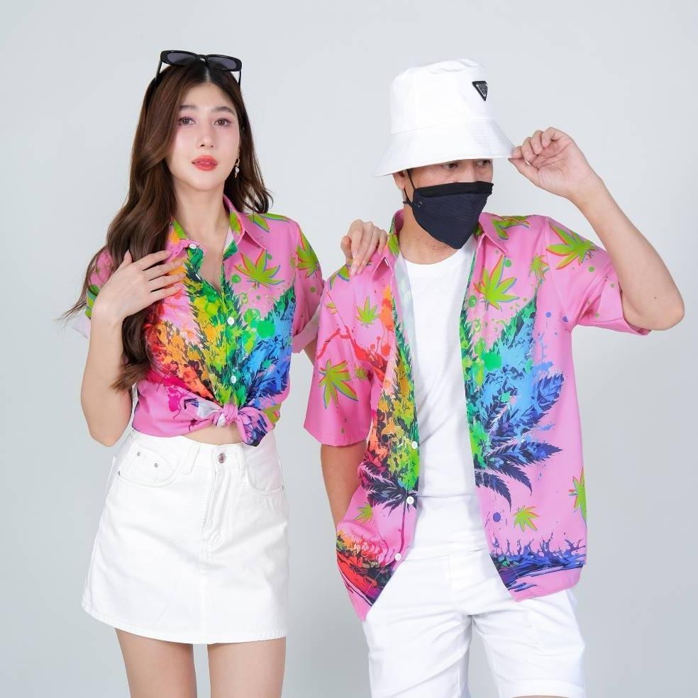 PINKเสื้อฮาวาย3134 สีสันสดใส S-8XL ลายคมชัด ทรงวัยรุ่น หญิงชายใส่ได้