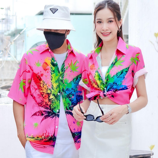 P3134เสื้อฮาวายลายใหม่2025 ทรงวัยรุ่น หญิงชายใส่ได้ ผ้าโพลีพรีเมี่ยม ไซส์38-56นิ้ว งานปัาย ลายคมชัด **1ตัว**