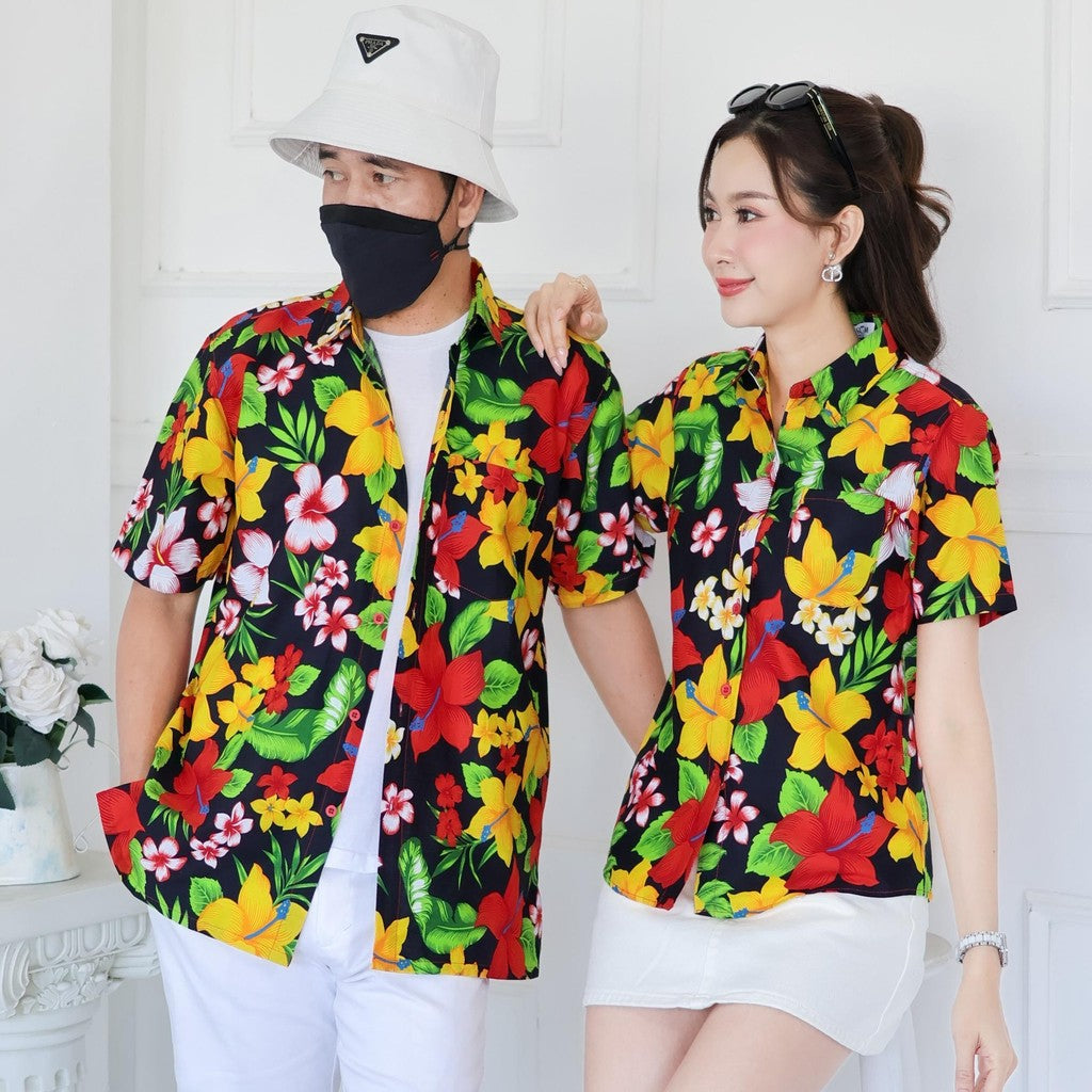 Pink022เสื้อเชิ้ตลายดอก ผ้าคอตตอน100% สีไม่ตก ผ้าไม่หดทลายคมชัด มีไซส์หญิงชาย34-56นิ้ว งานป้ายKTIER**1ตัว