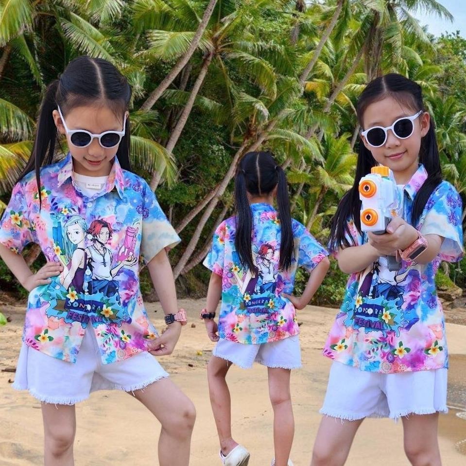 PINKรวมเสื้อฮาวายเด็ก หญิงชายใส่ได้ ผ้าโพลีพรีเมี่ยม ลายคมชัด ผ้าพริ้วใส่สบาย