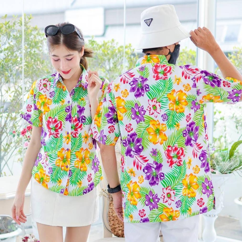 PINK017 เสื้อเชิ้ตลายดอก ผ้าคอตตอน100% สีไม่ตก ผ้าไม่หด ลายคมชัด มีไซส์หญิงชาย S-5XL งาน ป้ายKTIER*1ตัว*
