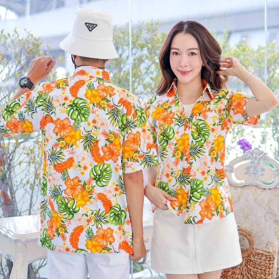 PINK028เสื้อเชิ้ตลายดอก ผ้าคอตตอน100% สีไม่ตก ผ้าไม่หดทลายคมชัด มีไซส์หญิงชาย34-56นิ้ว งานป้ายKTIER**1ตัว