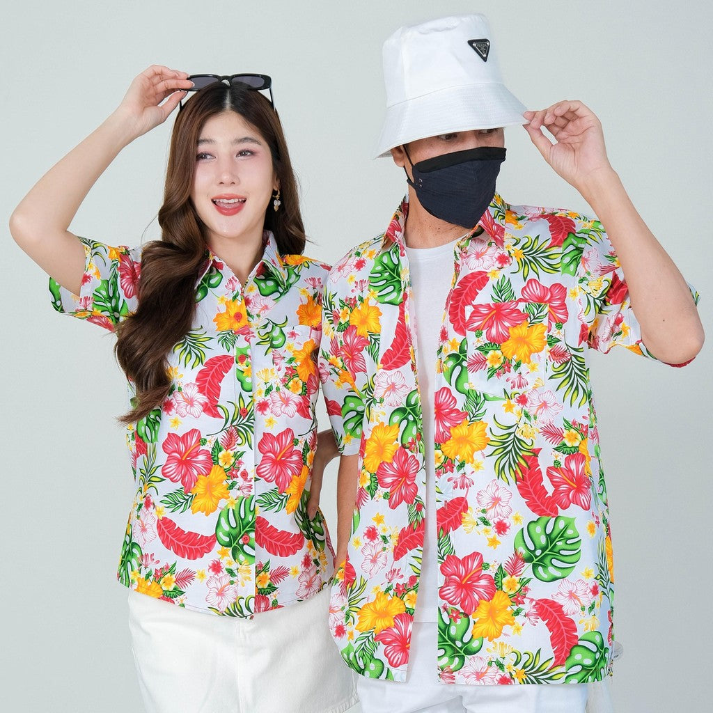 PINK028เสื้อเชิ้ตลายดอก ผ้าคอตตอน100% สีไม่ตก ผ้าไม่หดทลายคมชัด มีไซส์หญิงชาย34-56นิ้ว งานป้ายKTIER**1ตัว