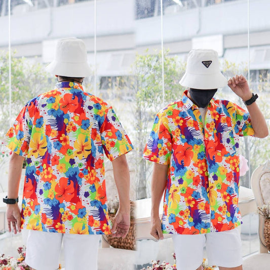 PINKรวมเสื้อเชิ้ตลายดอกผู้ชาย ทรงตรง ผ้าคอตตอน100% สีไม่ตก ผ้าไม่หด ลายคมชัด งานป้าย
