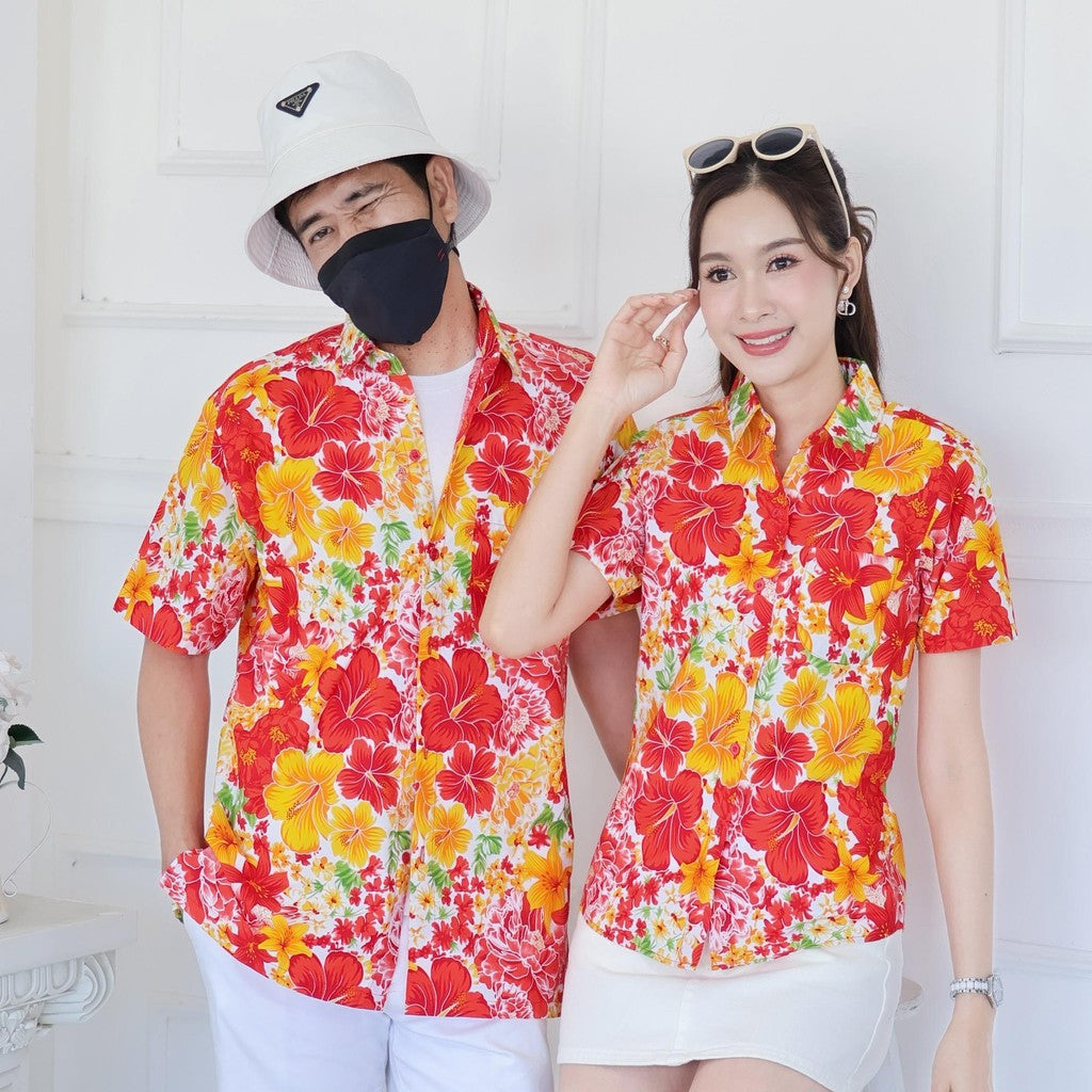 Pink019เสื้อเชิ้ตลายดอก ผ้าคอตตอน100% สีไม่ตก ผ้าไม่หดทลายคมชัด มีไซส์หญิงชาย34-56นิ้ว งานป้ายKTIER**1ตัว