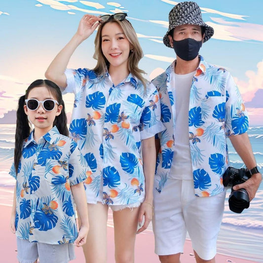 PINKP103เสื้อฮาวายลายดอก ไซส์เด็ก-ผู้ใหญ่8XL ครบทีม ผ้าโพลีพลีเมี่ยม ทรงวัยรุ่น หญิงชายใส่ได้ ลายคมชัด **1ตัว**