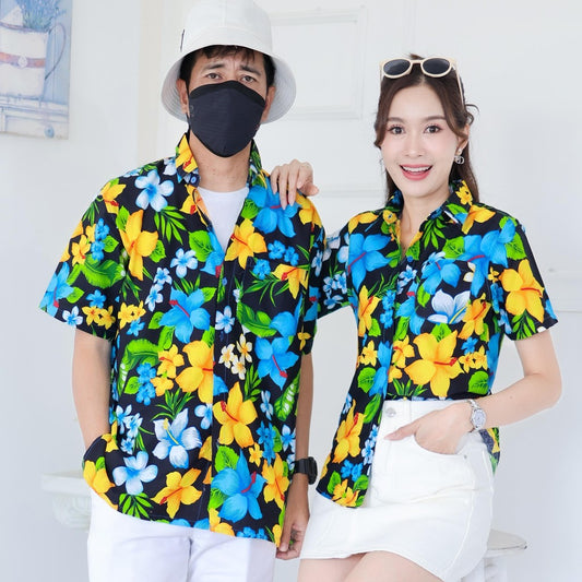 Pink022เสื้อเชิ้ตลายดอก ผ้าคอตตอน100% สีไม่ตก ผ้าไม่หดทลายคมชัด มีไซส์หญิงชาย34-56นิ้ว งานป้ายKTIER**1ตัว