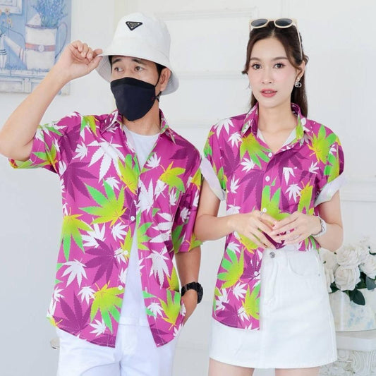 PINK06เสื้อฮาวายลายใบ ไซส์S-8XL ครบทีม ผ้าโพลีพลีเมี่ยม ทรงวัยรุ่น หญิงชายใส่ได้ ลายคมชัด **1ตัว**