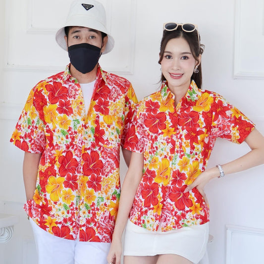 Pink019เสื้อเชิ้ตลายดอก ผ้าคอตตอน100% สีไม่ตก ผ้าไม่หดทลายคมชัด มีไซส์หญิงชาย34-56นิ้ว งานป้ายKTIER**1ตัว