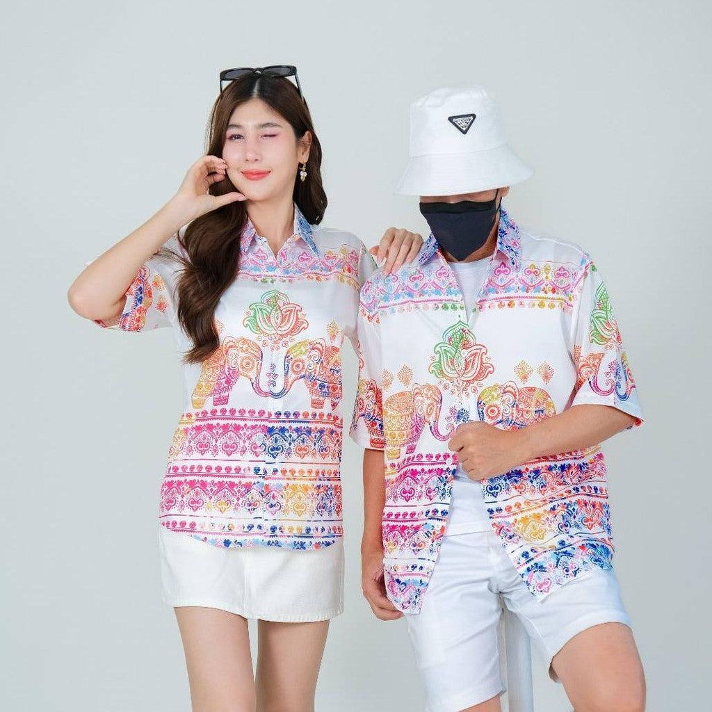 HD025 เสื้อฮาวายลายช้างพาสเทล ทรงวัยรุ่น หญิงชายใส่ได้ ผ้าโพลีพรีเมี่ยม ไซส์เด็ก-ผู้ใหญ่ งานปัาย ลายคมชัด **1ตัว**