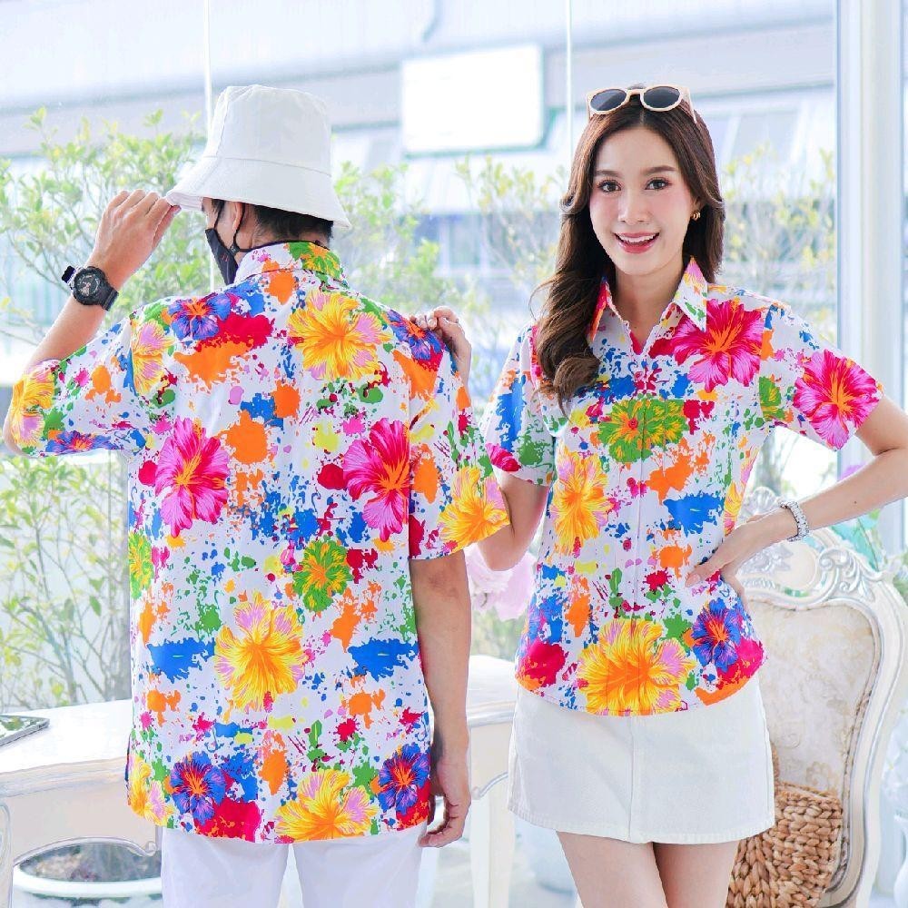 PINK038เสื้อเชิ้ตลายดอก ผ้าคอตตอน100% สีไม่ตก ผ้าไม่หด ลายคมชัด มีไซส์หญิงชาย งานป้ายKTIERออกแบบเอง*1ตัว*