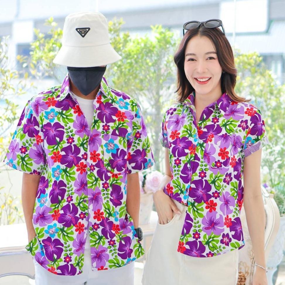 PINK023เสื้อเชิ้ตลายดอก ผ้าคอตตอน100% สีไม่ตก ผ้าไม่หดทลายคมชัด มีไซส์หญิงชาย34-56นิ้ว งานป้ายKTIER**1ตัว