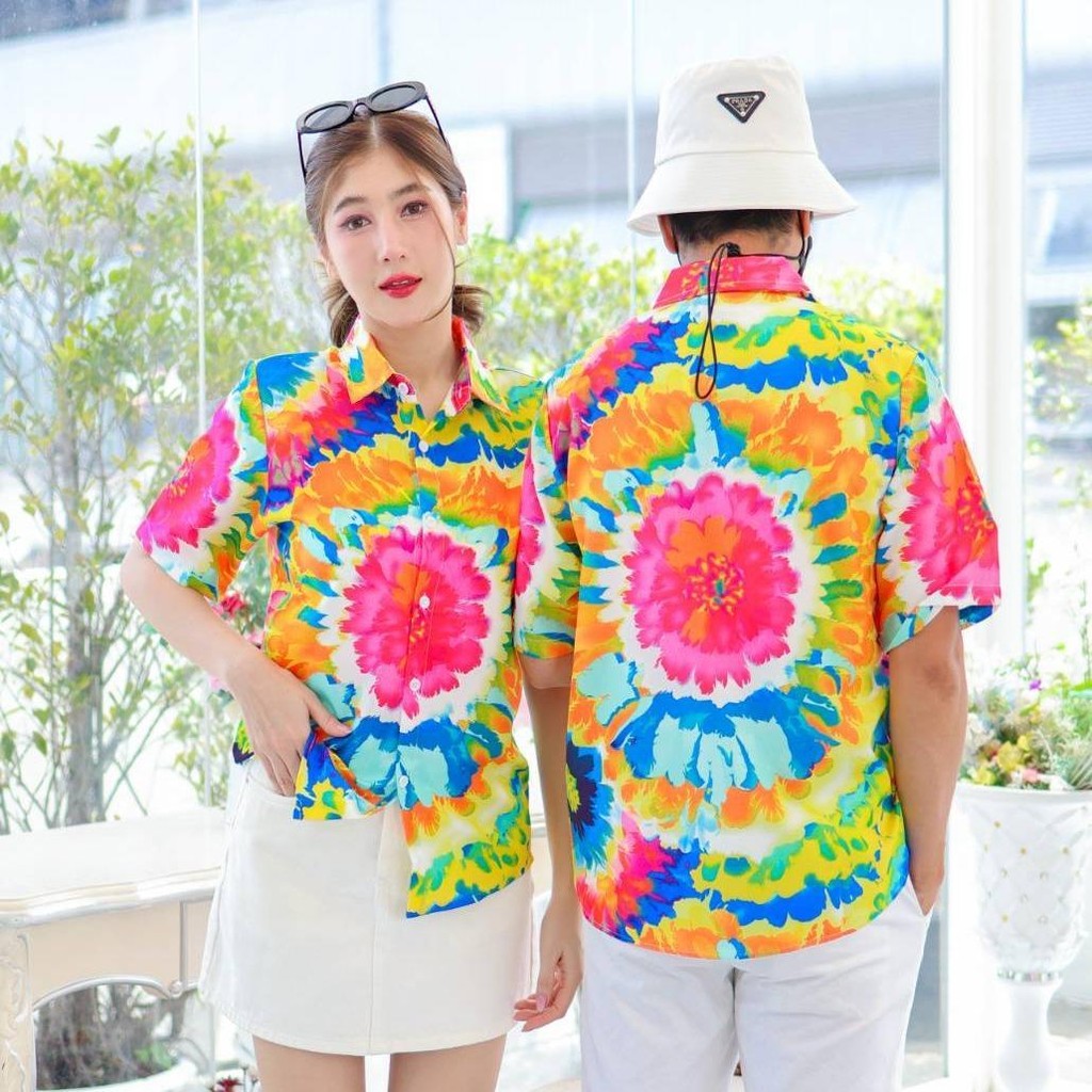 PINK3135เสื้อฮาวายลายมัดย้อม สีสันสดใส ไซส์S-8XL ผ้าโพลีพลีเมี่ยม ทรงวัยรุ่น หญิงชายใส่ได้ ลายคมชัด **1ตัว**