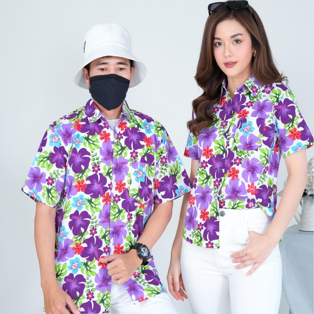 PINK023เสื้อเชิ้ตลายดอก ผ้าคอตตอน100% สีไม่ตก ผ้าไม่หดทลายคมชัด มีไซส์หญิงชาย34-56นิ้ว งานป้ายKTIER**1ตัว