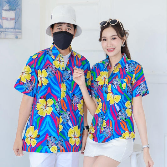 PINK031เสื้อเชิ้ตลายดอก ผ้าคอตตอน100% สีไม่ตก ผ้าไม่หดทลายคมชัด มีไซส์หญิงชาย34-56นิ้ว งานป้ายKTIER**1ตัว