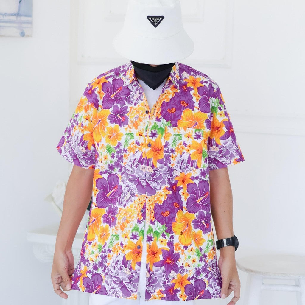 Pink019เสื้อเชิ้ตลายดอก ผ้าคอตตอน100% สีไม่ตก ผ้าไม่หดทลายคมชัด มีไซส์หญิงชาย34-56นิ้ว งานป้ายKTIER**1ตัว