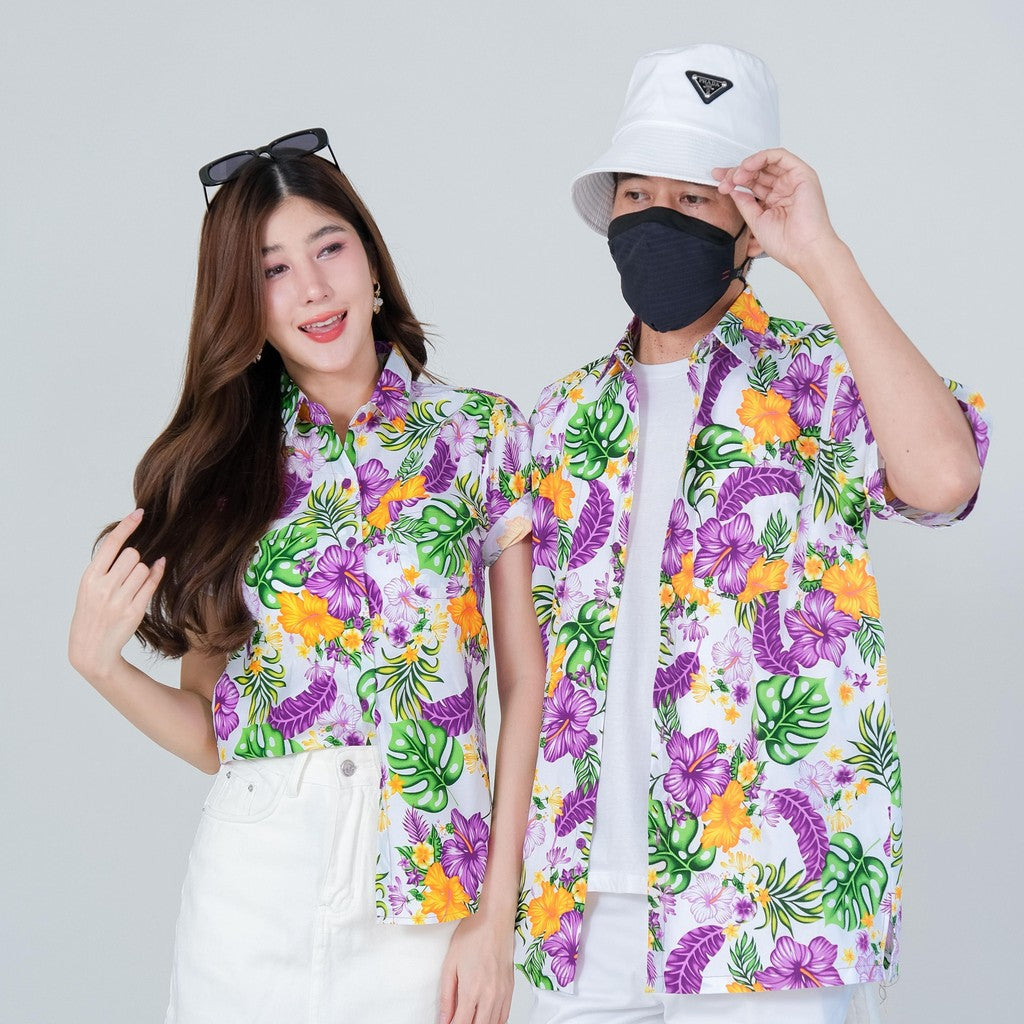 PINK028เสื้อเชิ้ตลายดอก ผ้าคอตตอน100% สีไม่ตก ผ้าไม่หดทลายคมชัด มีไซส์หญิงชาย34-56นิ้ว งานป้ายKTIER**1ตัว