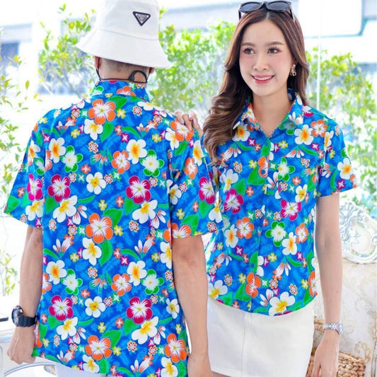 PINK001 เสื้อเชิ้ตสงกรานต์ลายดอก ผ้าคอตตอน100% สีไม่ตก ผ้าไม่หด ลายคมชัด มีไซส์หญิงชาย 34-56นิ้ว งานป้ายKTIER*1ตัว*