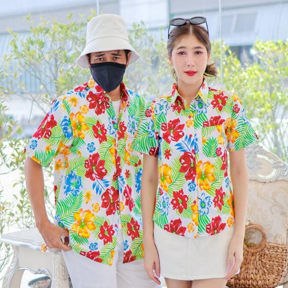 PINK017 เสื้อเชิ้ตลายดอก ผ้าคอตตอน100% สีไม่ตก ผ้าไม่หด ลายคมชัด มีไซส์หญิงชาย S-5XL งาน ป้ายKTIER*1ตัว*