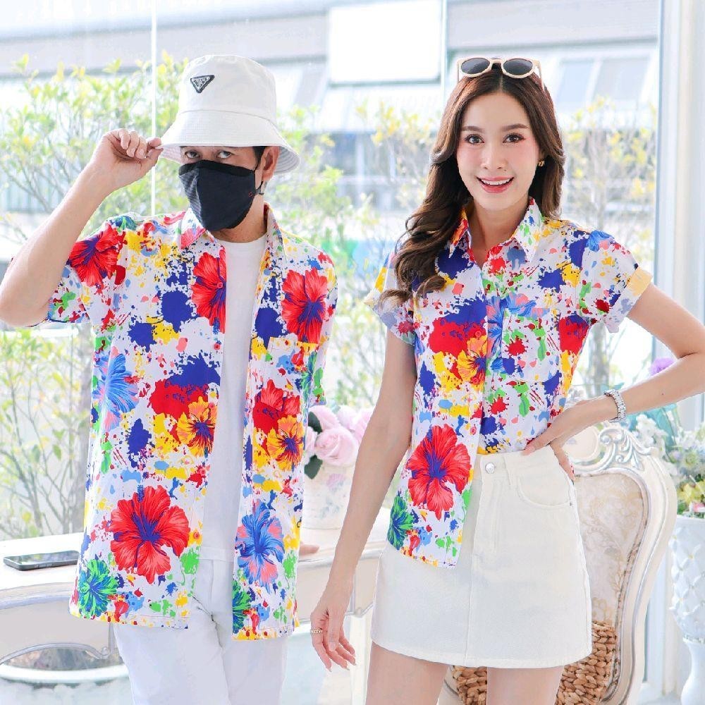 PINK038เสื้อเชิ้ตลายดอก ผ้าคอตตอน100% สีไม่ตก ผ้าไม่หด ลายคมชัด มีไซส์หญิงชาย งานป้ายKTIERออกแบบเอง*1ตัว*