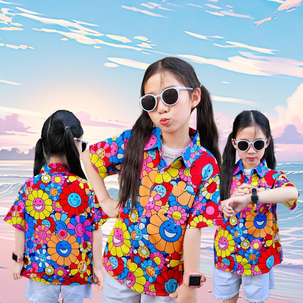PINKรวมเสื้อฮาวายเด็ก หญิงชายใส่ได้ ผ้าโพลีพรีเมี่ยม ลายคมชัด ผ้าพริ้วใส่สบาย