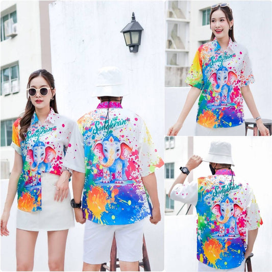 เสื้อฮาวายลายใหม่2025เวอร์ชั่นใหม่ สาดสีSongkran ทรงวัยรุ่น หญิงชายใส่ได้ ผ้าโพลีพรีเมี่ยม ไซส์เด็ก-ผู้ใหงานปัาย *1ตัว*