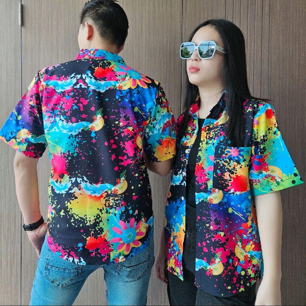 Pink021 เสื้อฮาวายลายใหม่2025 สาดสีลายดอก ทรงวัยรุ่น หญิงชายใส่ได้ ผ้าโพลีพรีเมี่ยม ไซส์38-56นิ้ว **1ตัว*
