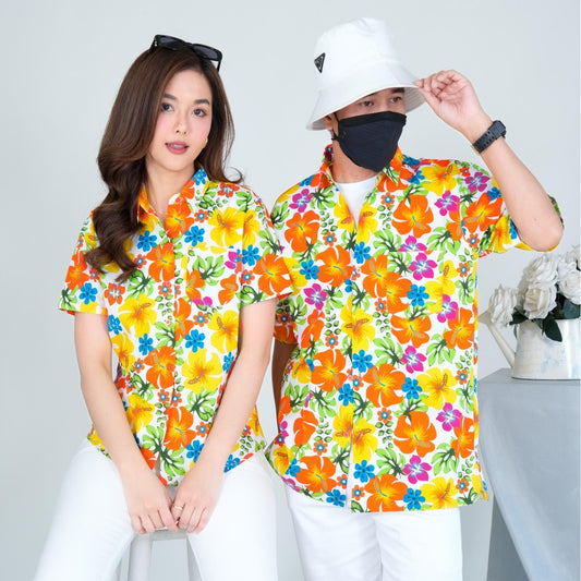 PINK023เสื้อเชิ้ตลายดอก ผ้าคอตตอน100% สีไม่ตก ผ้าไม่หดทลายคมชัด มีไซส์หญิงชาย34-56นิ้ว งานป้ายKTIER**1ตัว