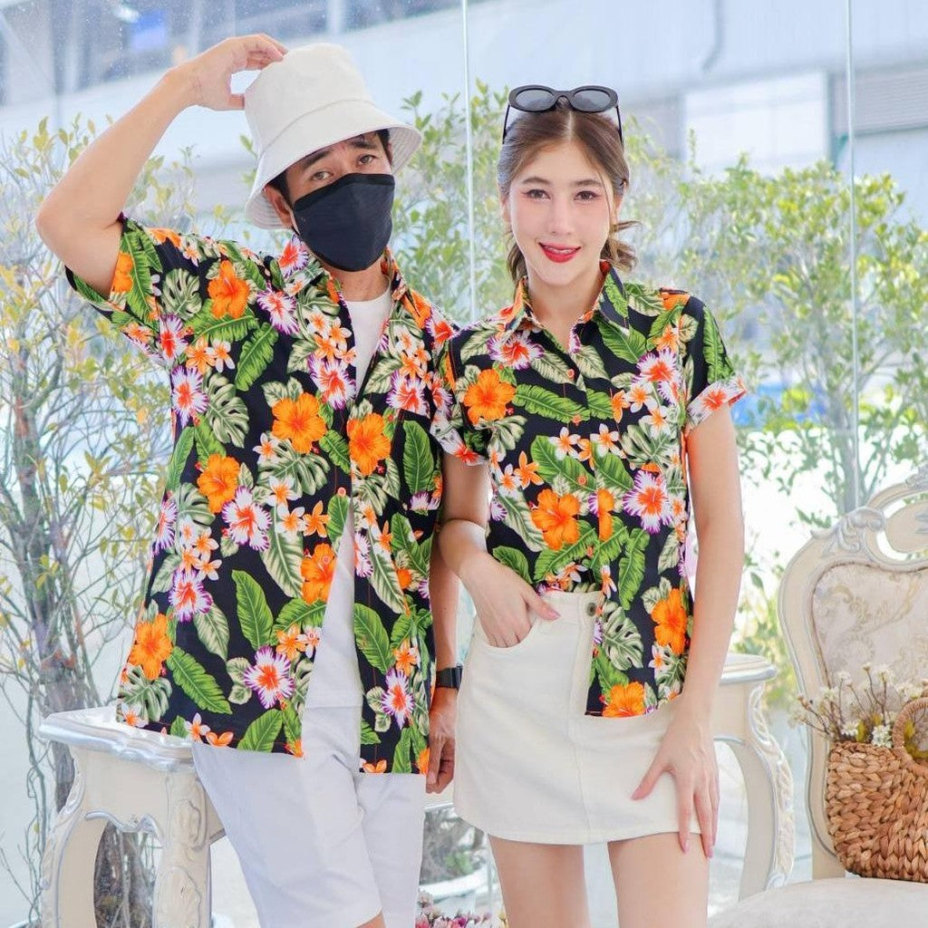 KING09 เสื้อเชิ้อสงกรานต์ลายดอก ผ้าคอตตอน100% สีไม่ตก ผ้าไม่หด ลายคมชัด มีไซส์หญิงชาย 34-56นิ้ว งานป้าย ออกแบบเอง*1ตัว*