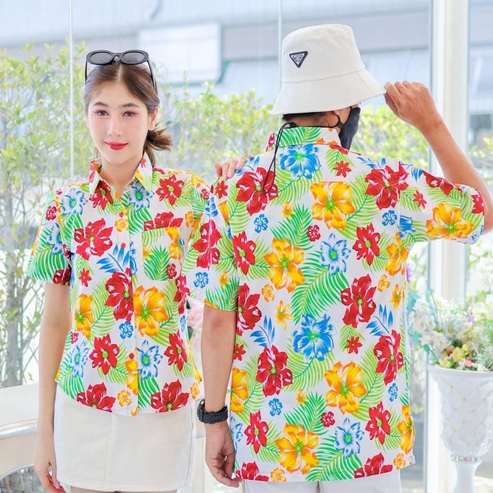 PINK017 เสื้อเชิ้ตลายดอก ผ้าคอตตอน100% สีไม่ตก ผ้าไม่หด ลายคมชัด มีไซส์หญิงชาย S-5XL งาน ป้ายKTIER*1ตัว*