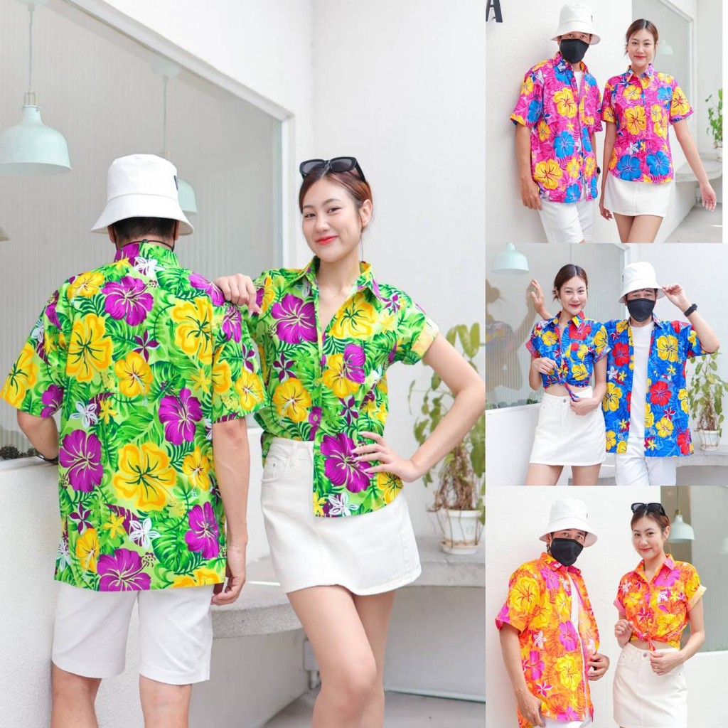 PINK029 เสื้อเชิ้ตลายดอก ผ้าคอตตอน100% สีไม่ตก ผ้าไม่หด ลายคมชัด มีไซส์หญิงชาย งานป้ายKTIERออกแบบเอง*1ตัว*
