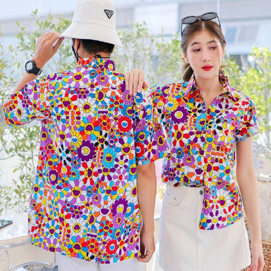 PINK034เสื้อเชิ้ตลายยิ้ม ผ้าคอตตอน100% สีไม่ตก ผ้าไม่หด ลายคมชัด มีไซส์หญิงชาย งานป้ายKTIERออกแบบเอง*1ตัว*