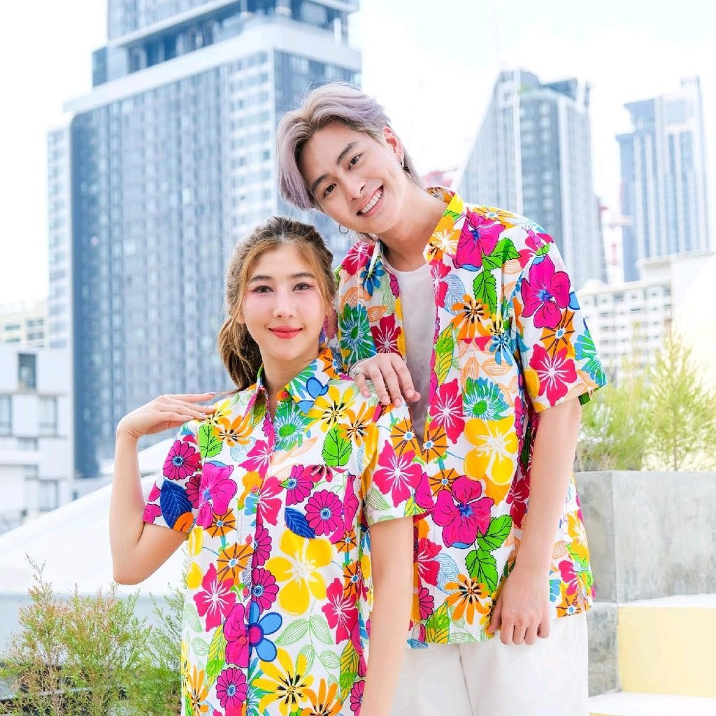 PINKเสื้อสงกรานต์ลายดอก ผ้าคอตตอน100% มีไซส์หญิง ชาย รุ่น0003