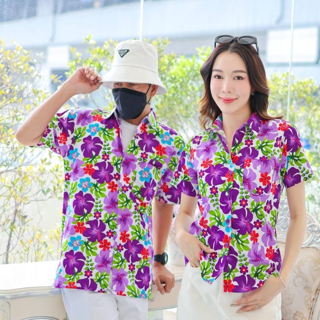 PINK023เสื้อเชิ้ตลายดอก ผ้าคอตตอน100% สีไม่ตก ผ้าไม่หดทลายคมชัด มีไซส์หญิงชาย34-56นิ้ว งานป้ายKTIER**1ตัว