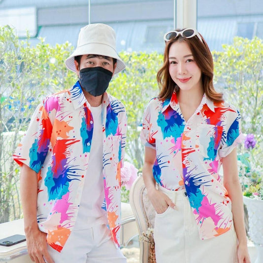 PINK3138เสื้อฮาวายสาดสี สีสันสดใส ไซส์S-8XL ผ้าโพลีพลีเมี่ยม ทรงวัยรุ่น หญิงชายใส่ได้ ลายคมชัด **1ตัว**