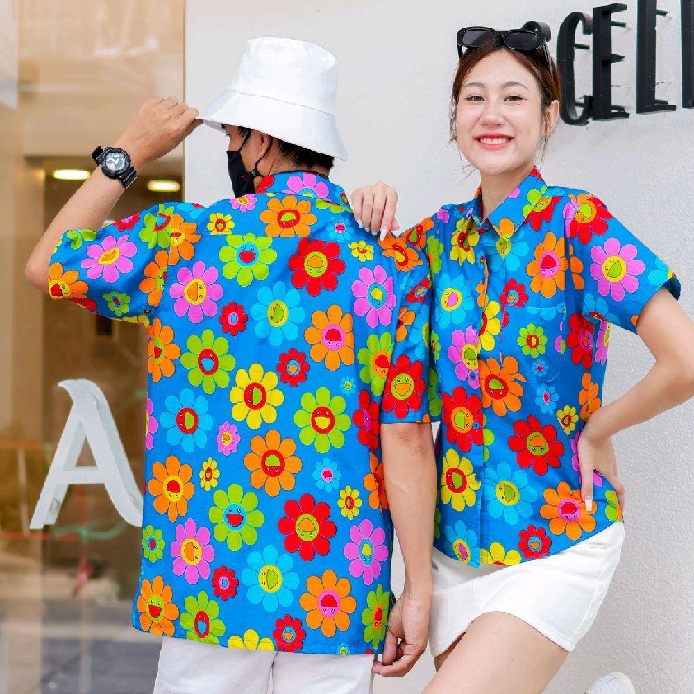 KING036เสื้อเชิ้ตลายยิ้ม ผ้าคอตตอน100% สีไม่ตก ผ้าไม่หด ลายคมชัด มีไซส์หญิงชาย งานป้ายKTIERออกแบบเอง*1ตัว*