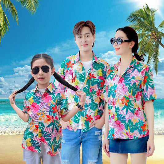 PINK3119เสื้อฮาวายลายดอก ไซส์เด็ก-ผู้ใหญ่8XL ครบทีม ผ้าโพลีพลีเมี่ยม ทรงวัยรุ่น หญิงชายใส่ได้ ลายคมชัด **1ตัว**