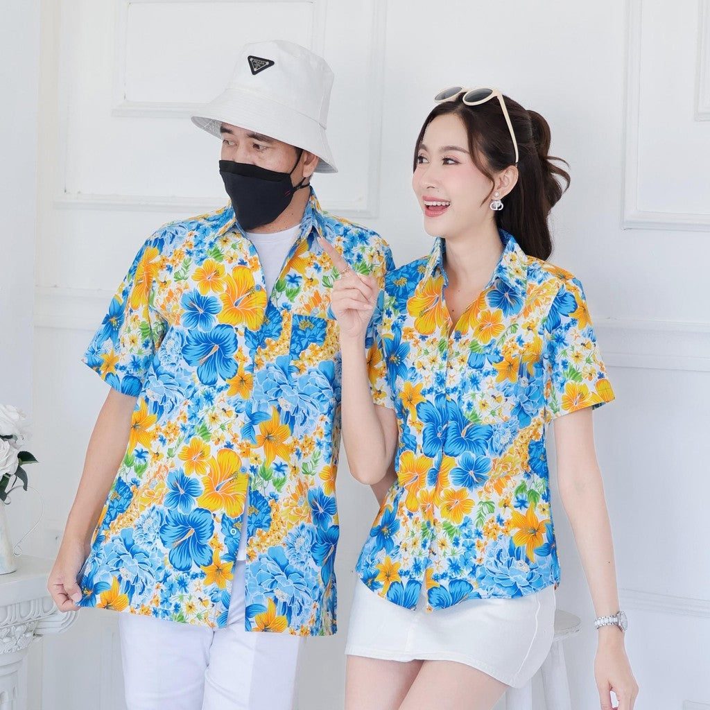 Pink019เสื้อเชิ้ตลายดอก ผ้าคอตตอน100% สีไม่ตก ผ้าไม่หดทลายคมชัด มีไซส์หญิงชาย34-56นิ้ว งานป้ายKTIER**1ตัว